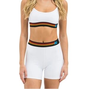 Aviator Nation 4 logo rainbow stripe set, elastic bra+biker shorts, white-size S